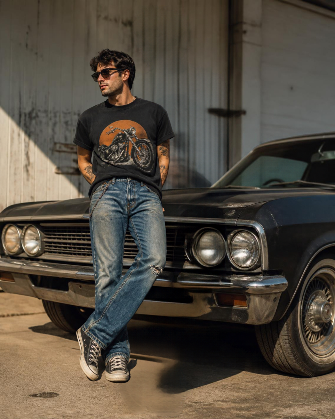 Man leaning against a classic black muscle car wearing a dark graphic t-shirt and denim.