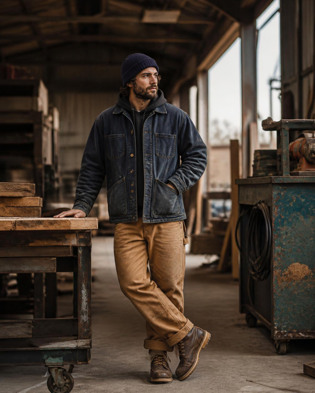 Worker in a workshop wearing a heavy-duty black winter jacket and rugged work pants.