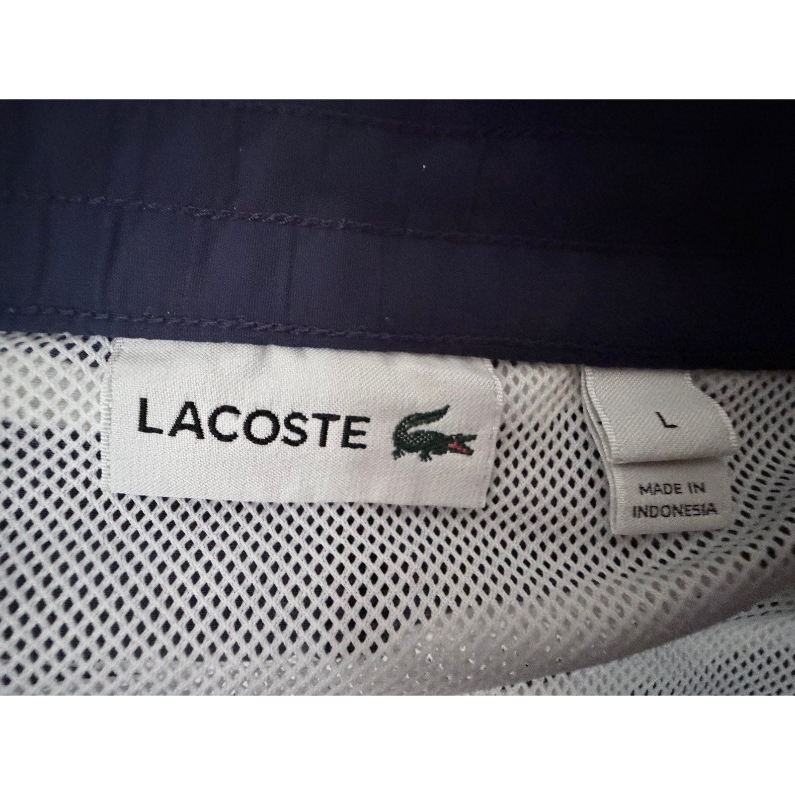 Lacoste Men's Swim Trunks Size Large Navy White Striped Board Shorts Drawstring