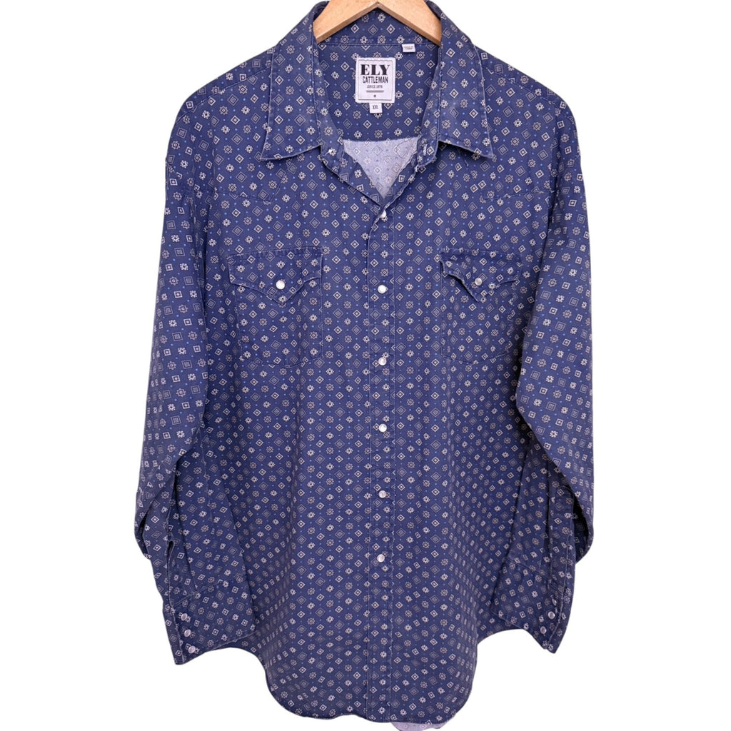 ELY Cattleman Men's Blue Snap-Front Striped Plaid Button-Up — front view