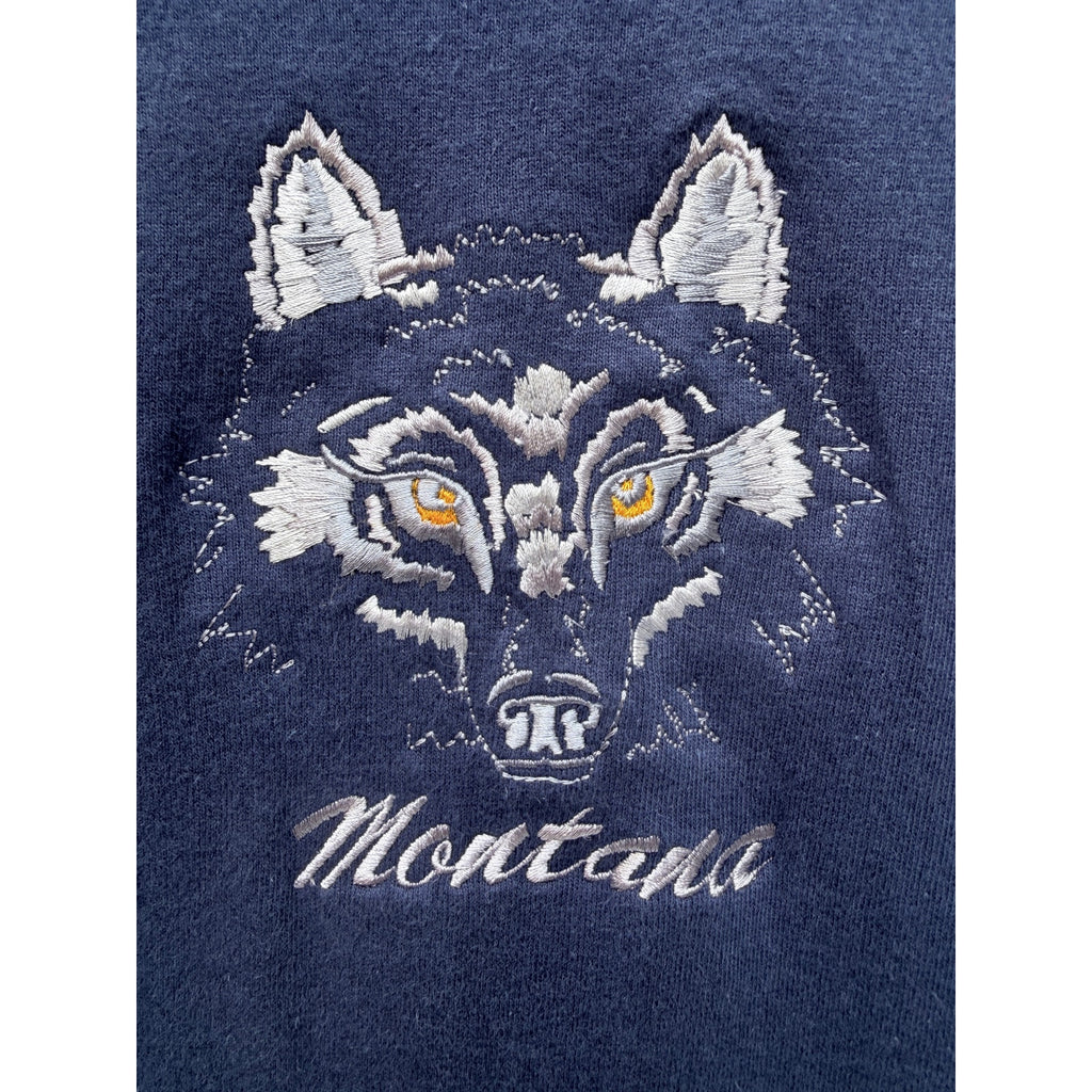 Montana Wolf Graphic T Shirt Mens Large Blue H.I Miller Gold Made USA Tee