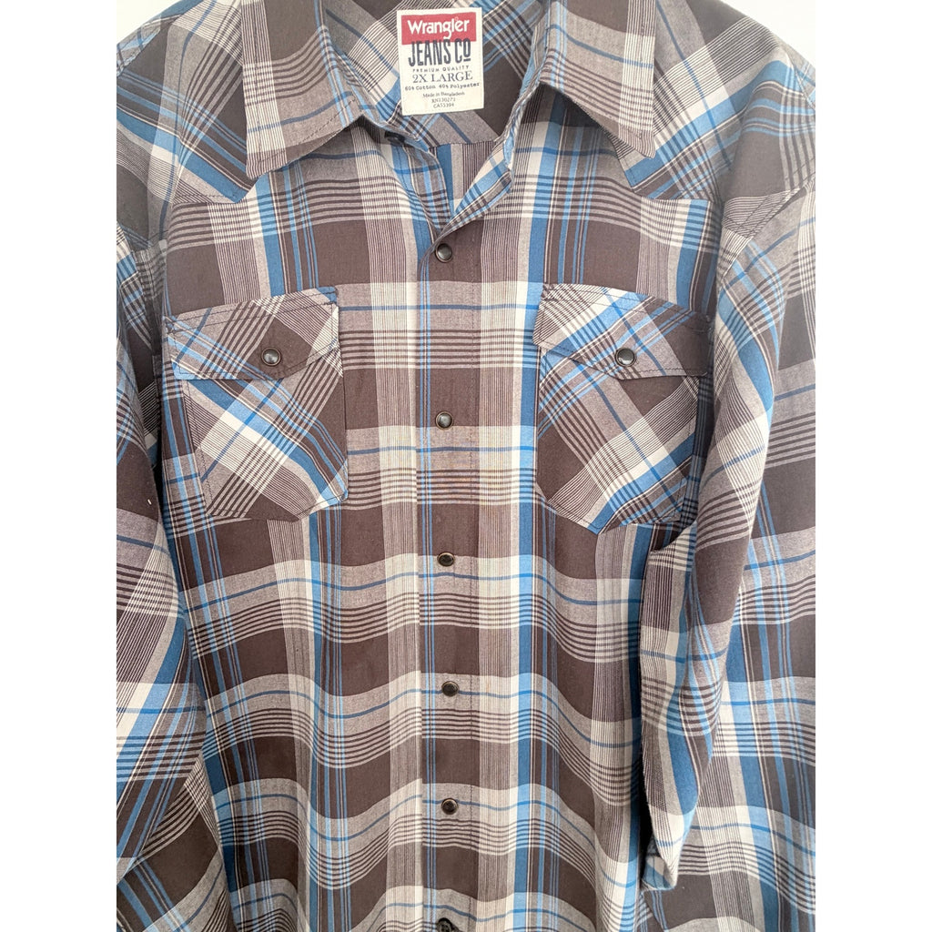 Wrangler Jeans Co Pearl Snap Western Shirt Mens 2XL Gray Blue Plaid Long Sleeve
