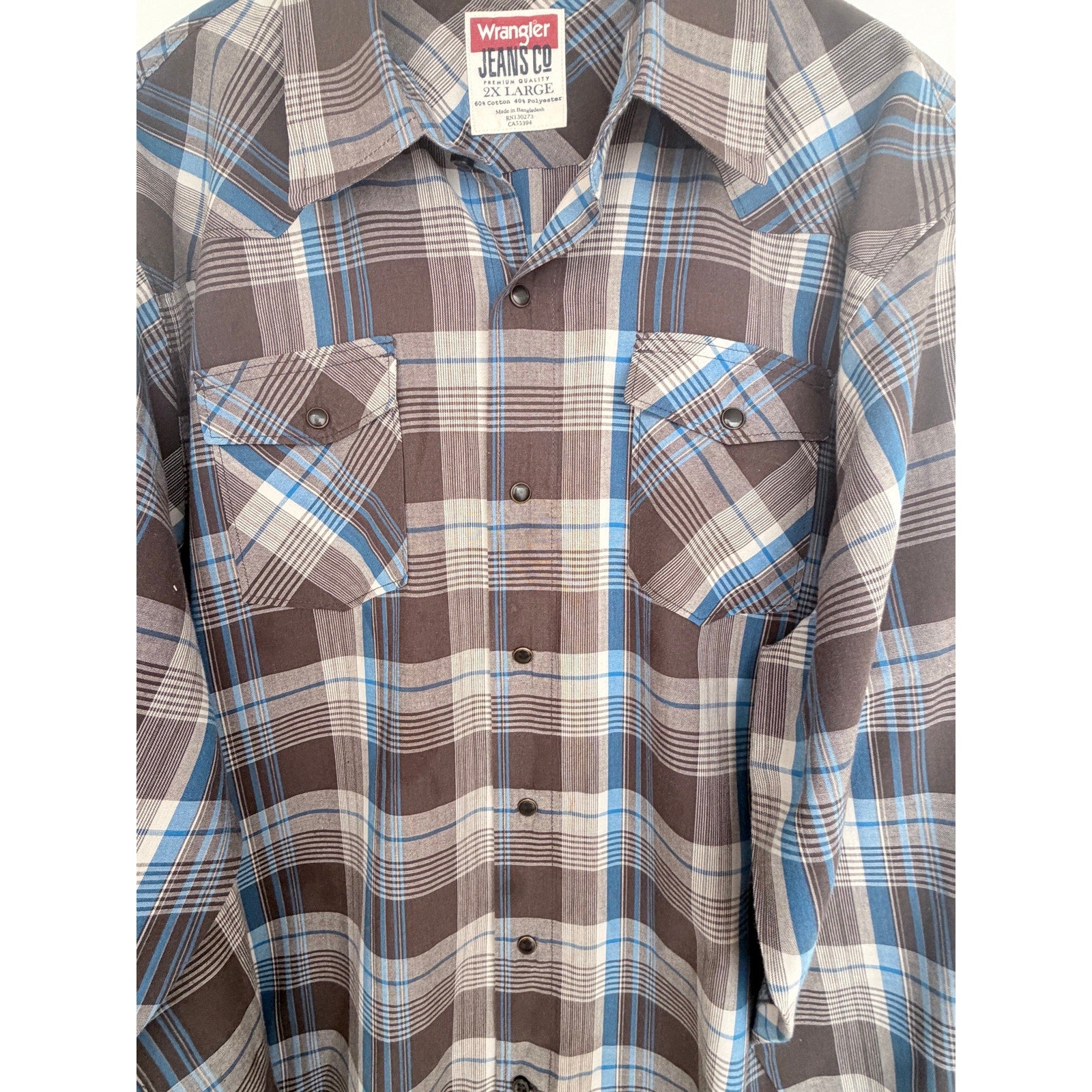 Wrangler Jeans Co Pearl Snap Western Shirt Mens 2XL Gray Blue Plaid Long Sleeve