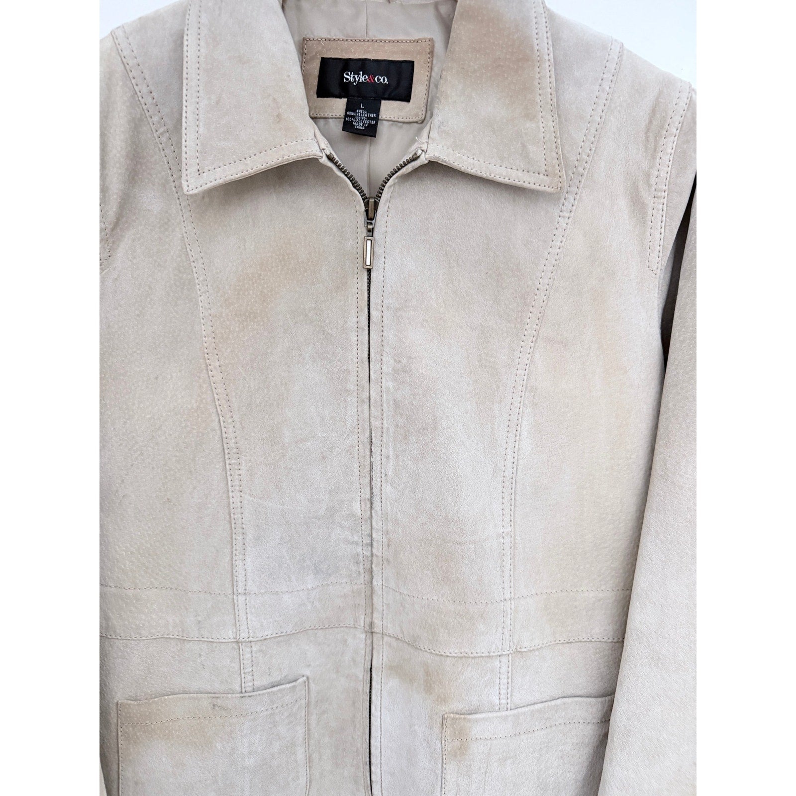 Style & Co Womens Large Beige Genuine Leather Zip Jacket