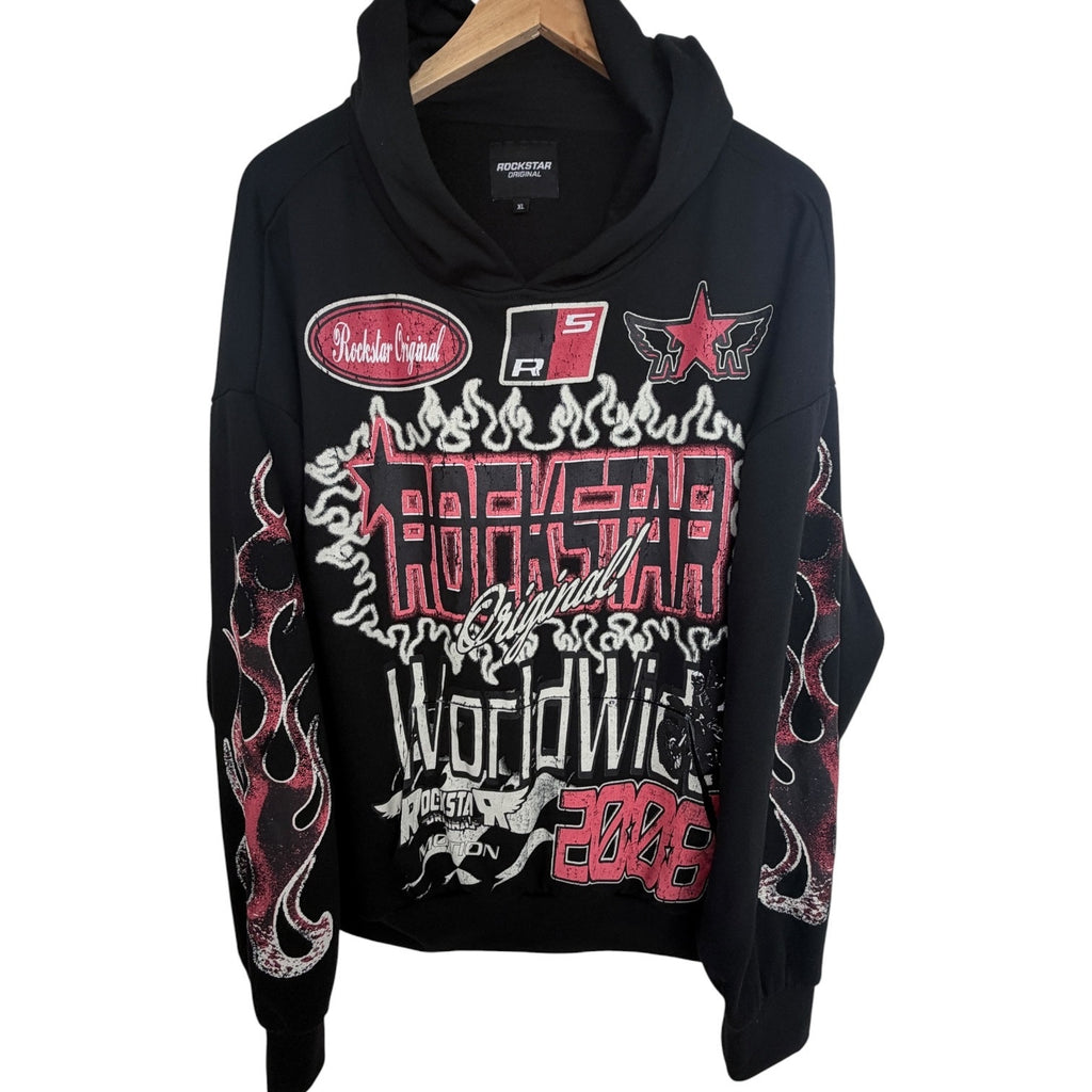 Rockstar Original Flame Graphic Hoodie Mens XL Black Red Streetwear Pullover
