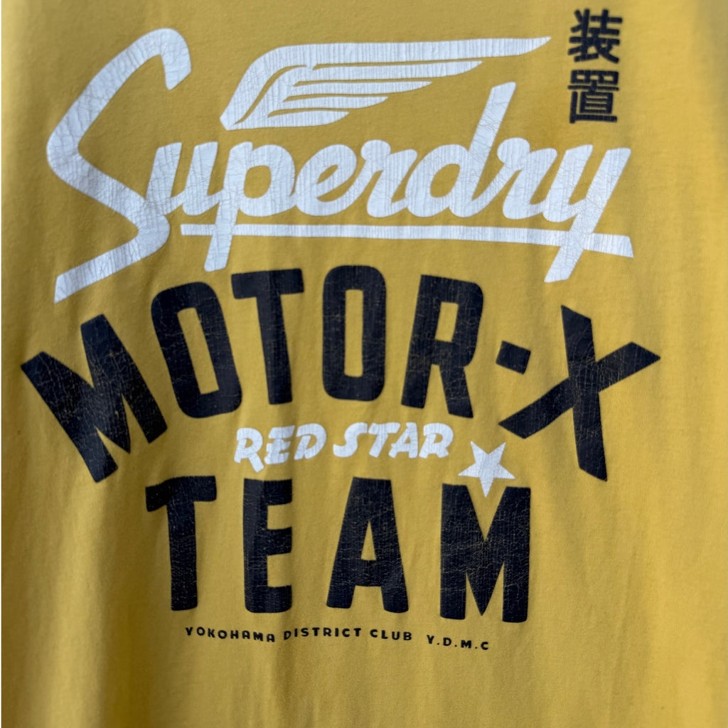 Superdry Black Label Japan T Shirt Womens Medium Yellow Graphic Logo Tokyo Tee