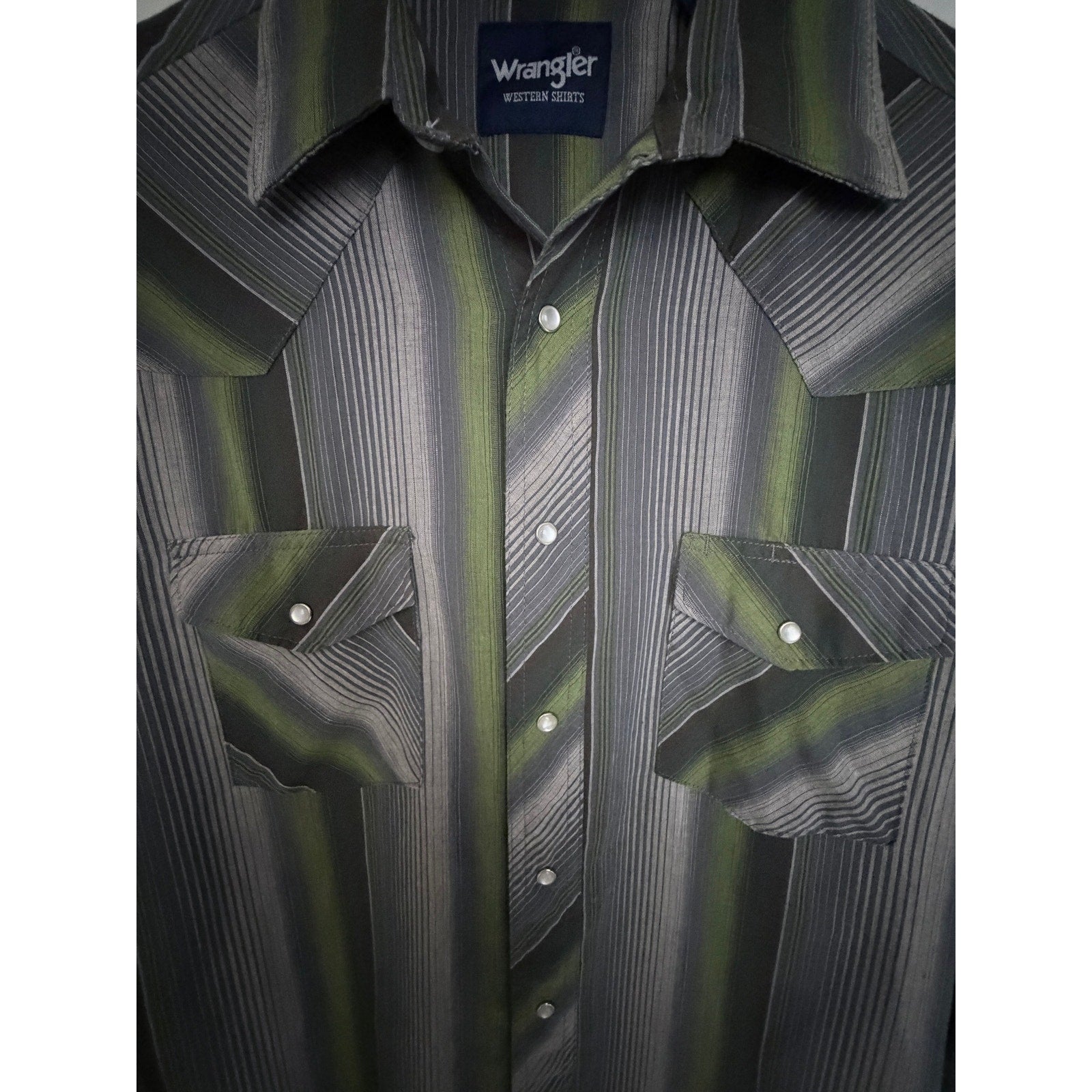 Wrangler Western Shirt Mens Medium Green Gray Pearl Snap Long Sleeve Cowboy