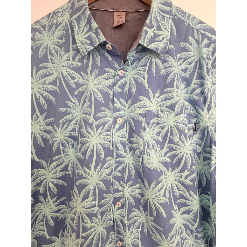 Hurley Hawaiian Shirt Mens XL Blue Palm Tree Tropical Button Up Beach Camp
