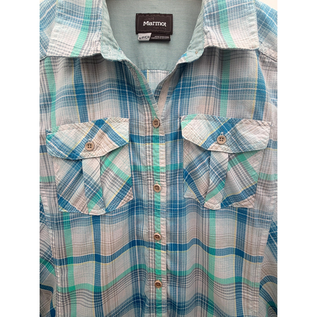 Marmot Plaid Long Sleeve Hiking Shirt Womens Small Blue Green
