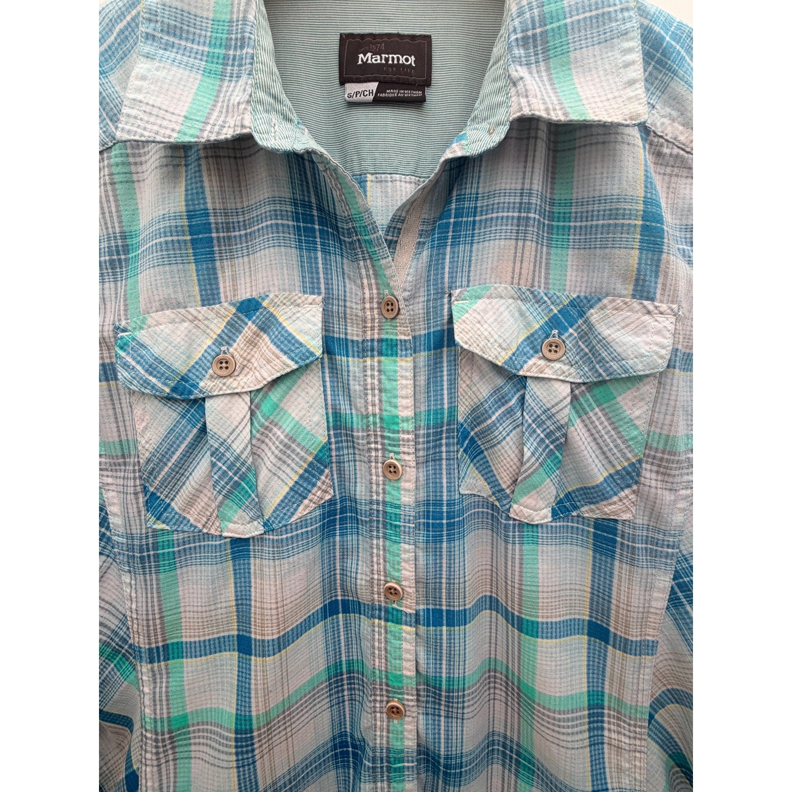 Marmot Plaid Long Sleeve Hiking Shirt Womens Small Blue Green