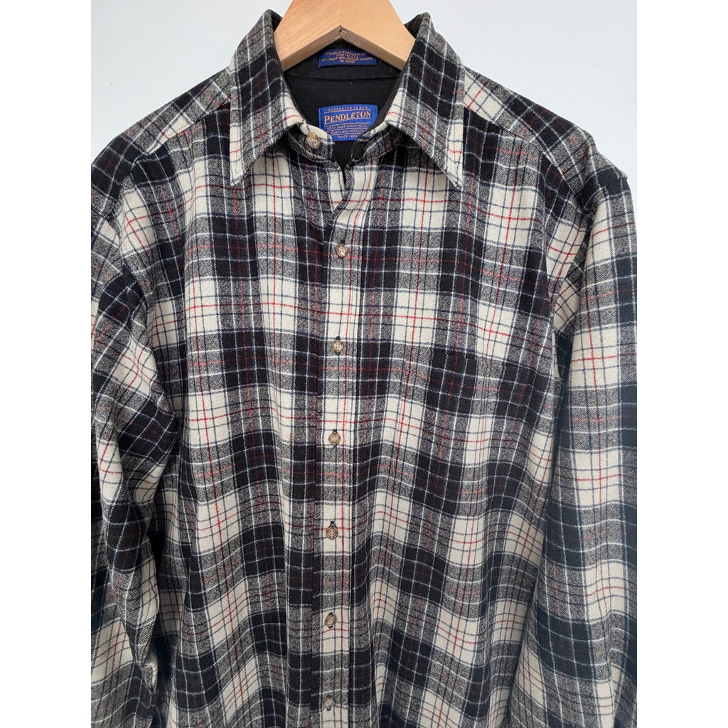 Pendleton Wool Flannel Shirt Mens Large Black Plaid Made In USA