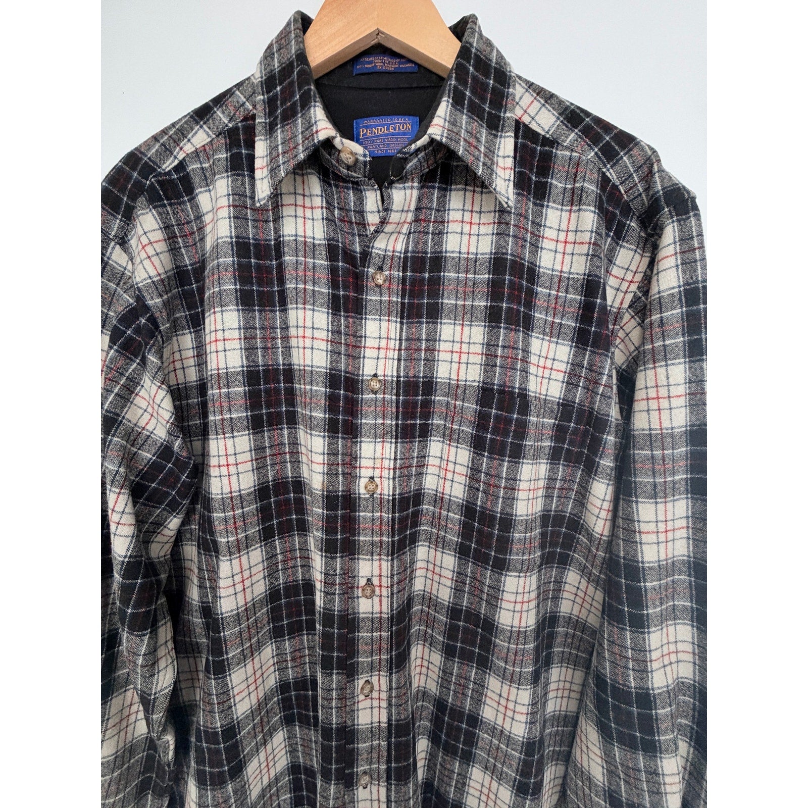 Pendleton Wool Flannel Shirt Mens Large Black Plaid Made In USA