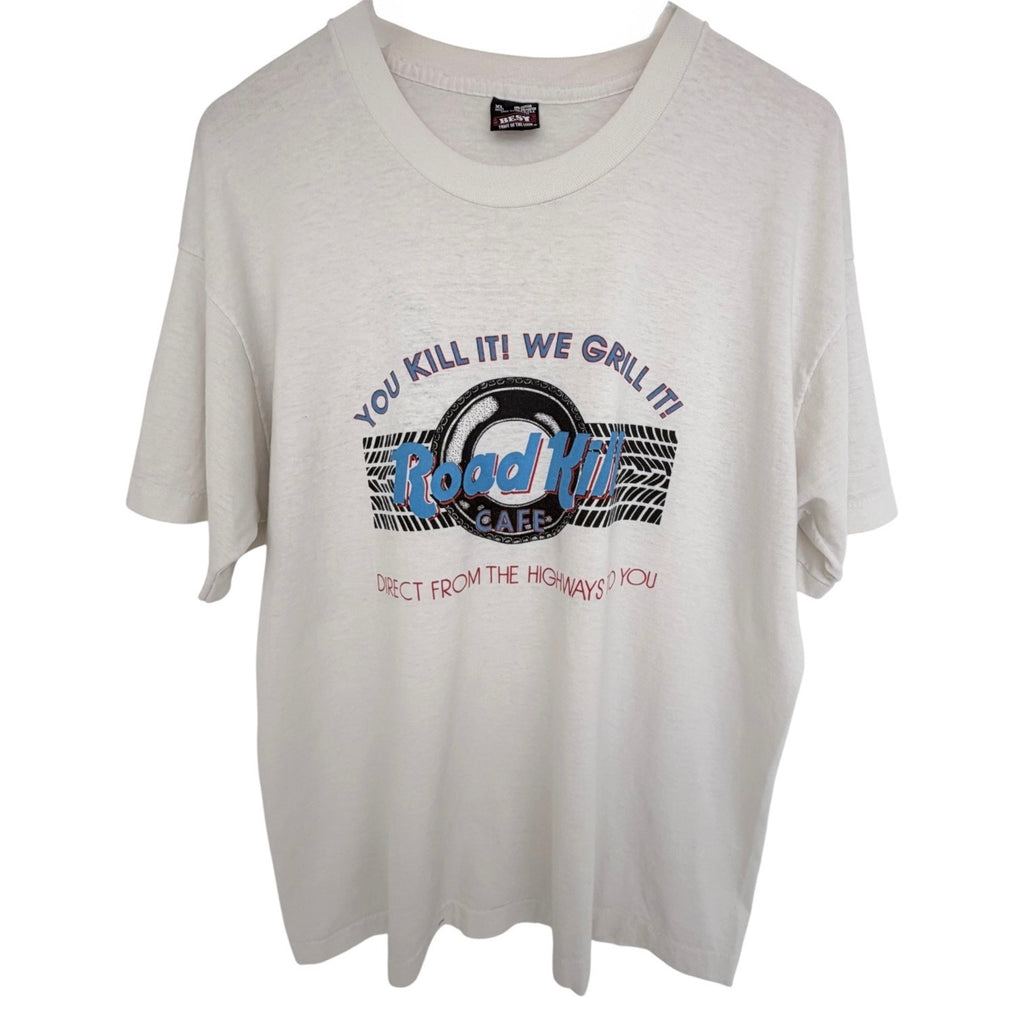 Vintage Road Kill Cafe T Shirt Mens XL White Funny Graphic Double Sided USA 90s