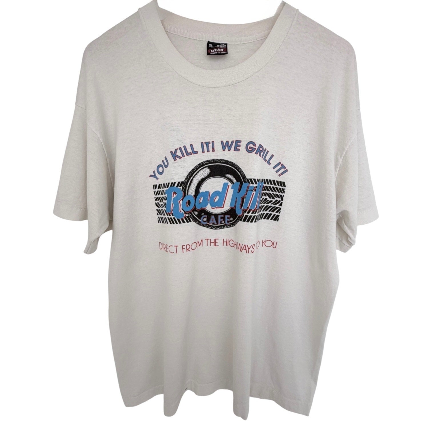 Vintage Road Kill Cafe T Shirt Mens XL White Funny Graphic Double Sided USA 90s