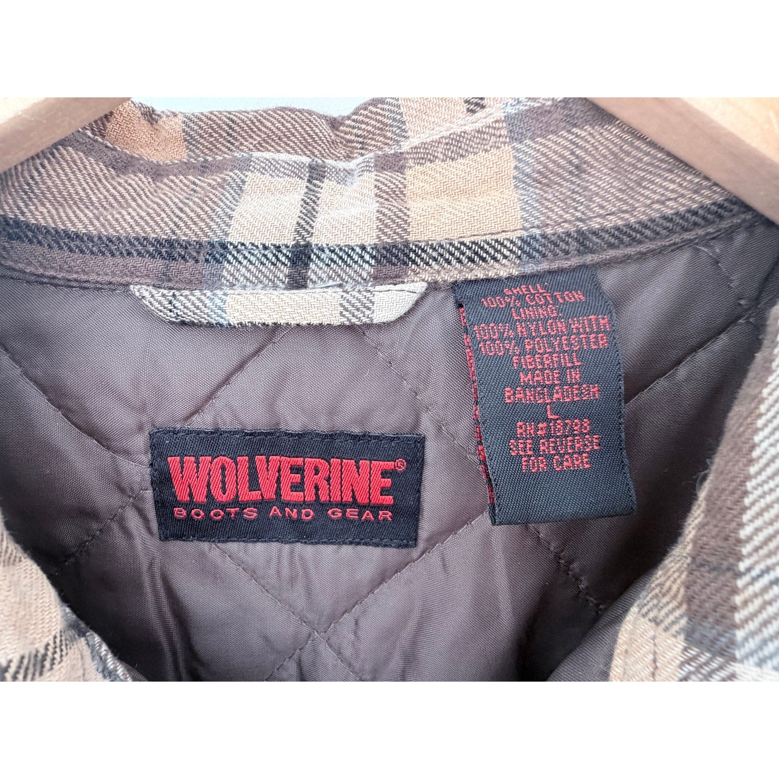 Wolverine Flannel Shirt Jacket Mens Large Brown Plaid Quilted Lined Shacket