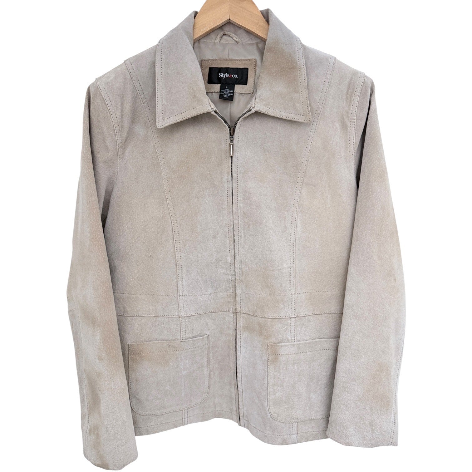 Style & Co Womens Large Beige Genuine Leather Zip Jacket