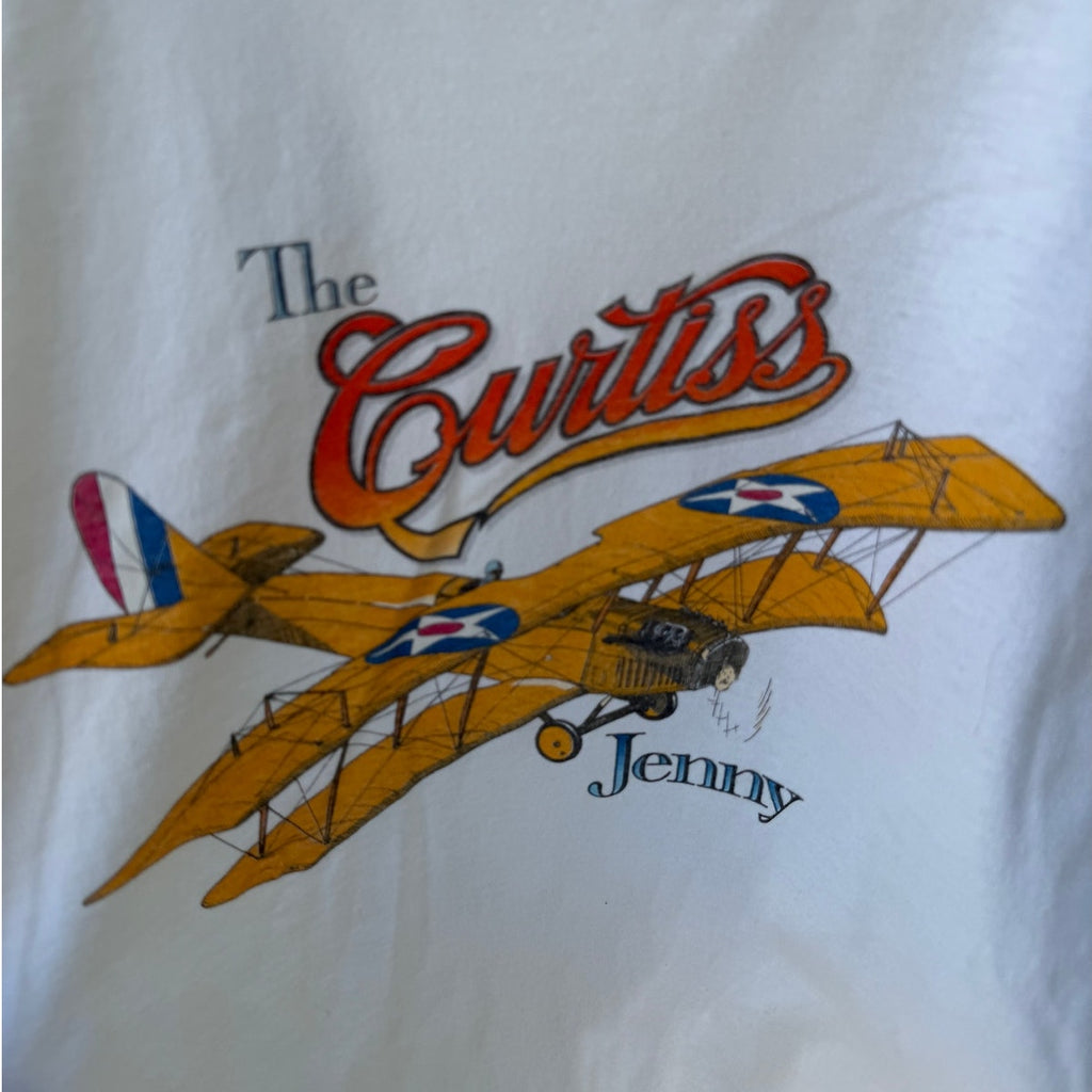 Single Stitch Curtiss Jenny Airplane Graphic T Shirt Mens L White Vintage Plane