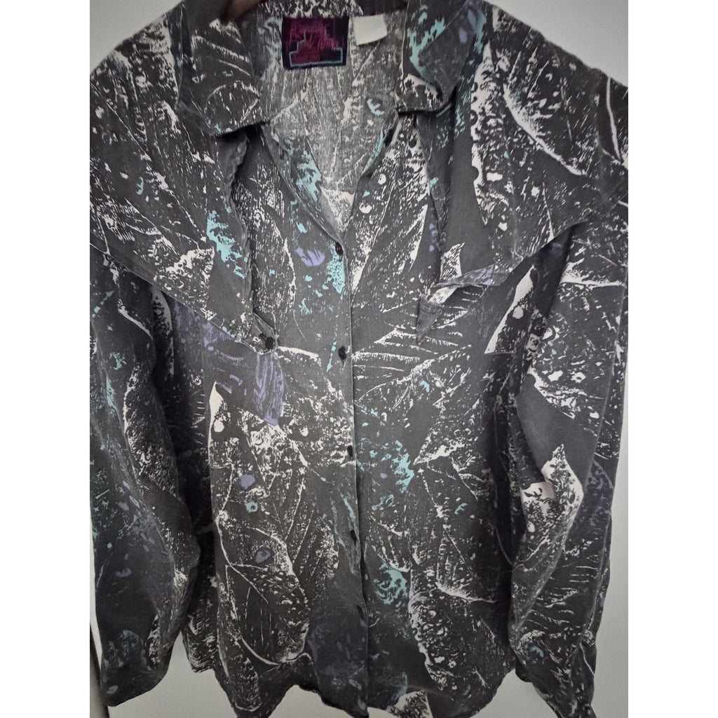 Randy And Travis Womens XL Button Front Blouse Abstract Print Ruffle Shoulder LS