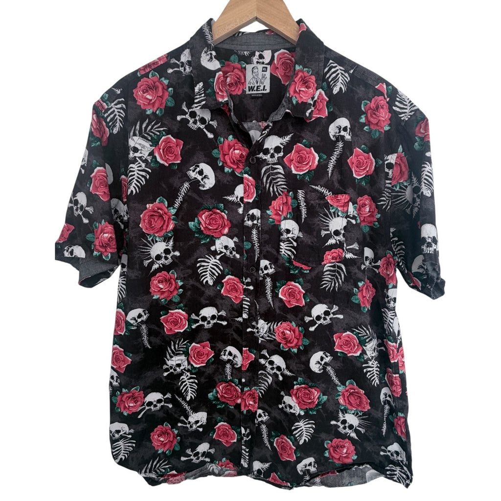 W.E.I Skull Rose Button Up Shirt Mens XL Black Gothic Punk Short Sleeve