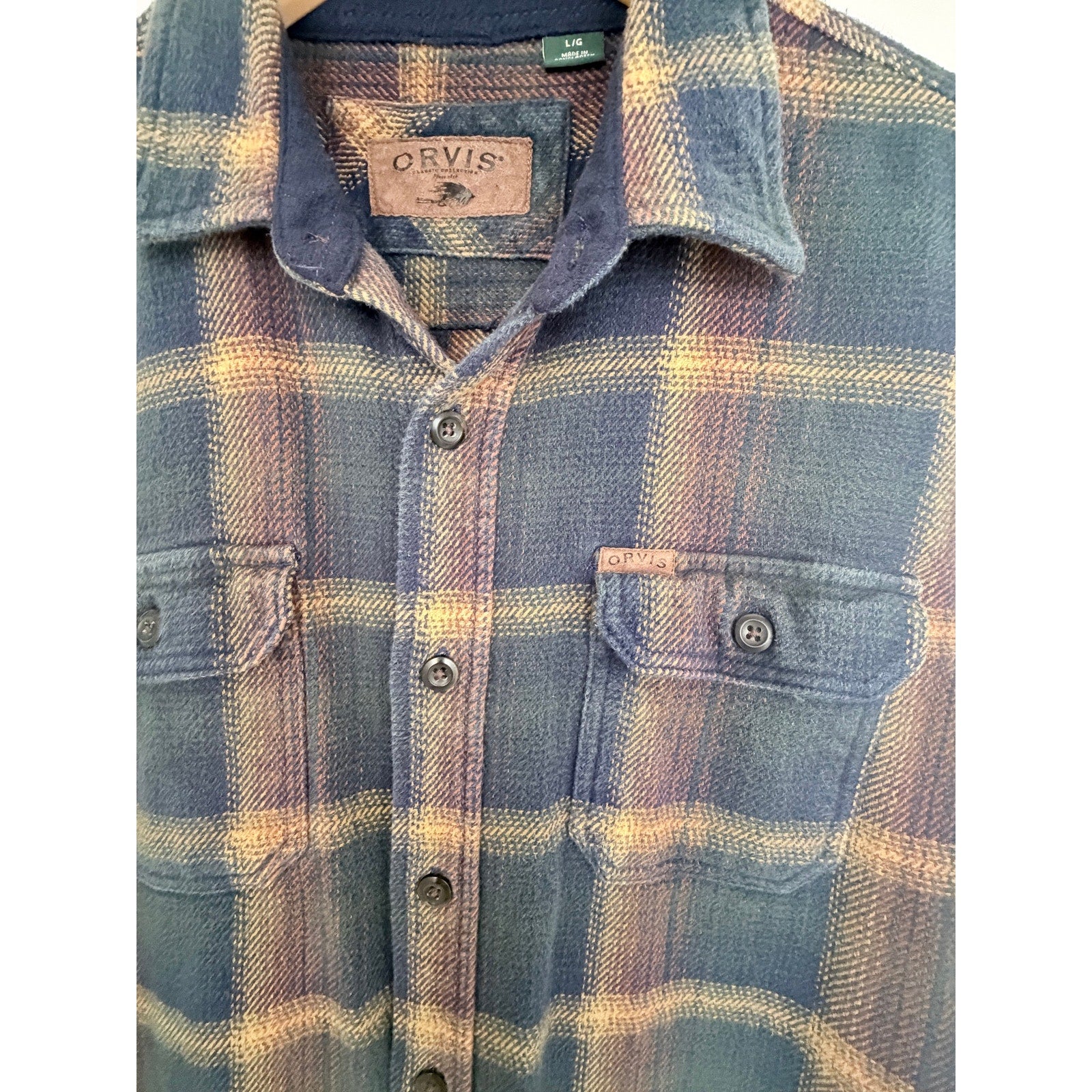 Orvis Plaid Flannel Button Front Shirt Jacket Mens Large Blue Brown