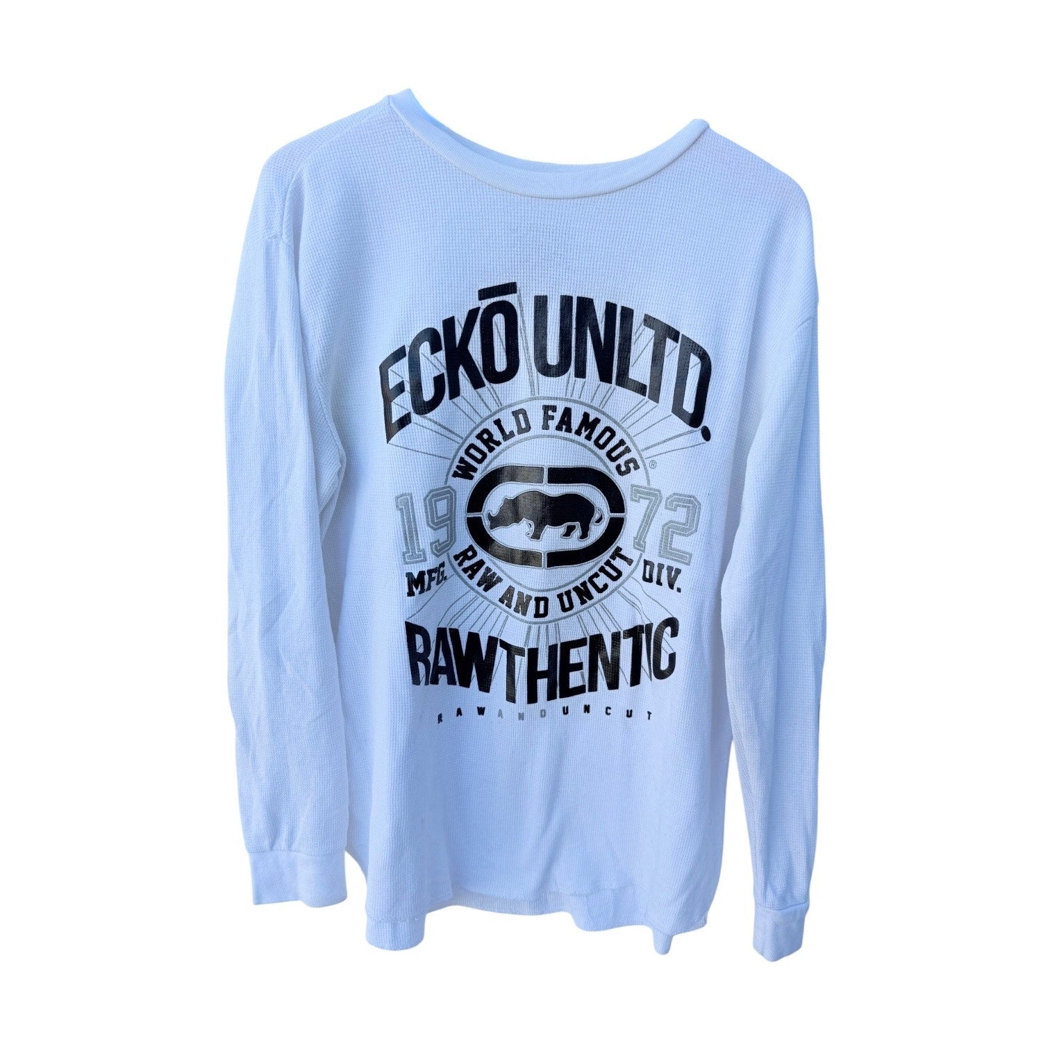 Ecko Unltd Long Sleeve Graphic Shirt Mens Large White Rawthentic Logo Tee