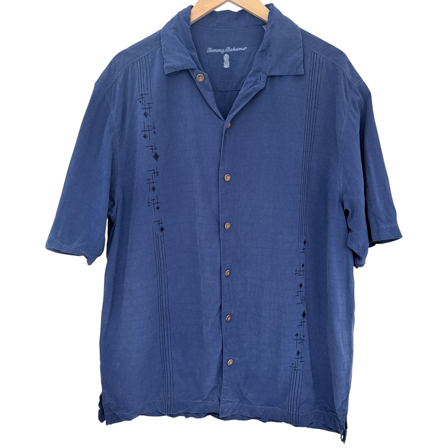 Tommy Bahama Silk Camp Shirt Mens Large Blue Embroidered Button Up