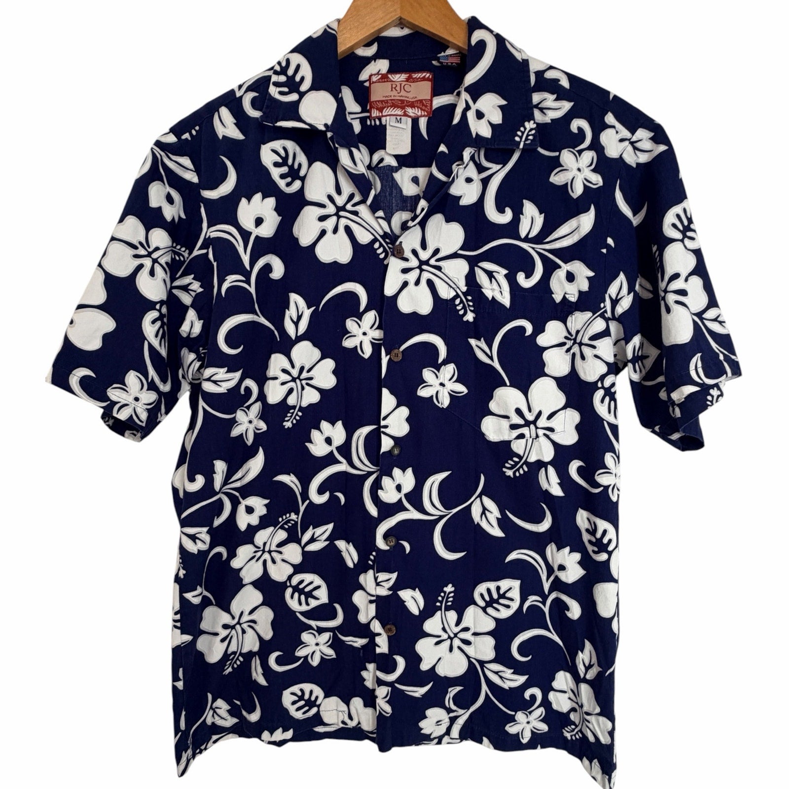RJC Made in Hawaii Mens M Navy Floral Hawaiian Aloha Shirt