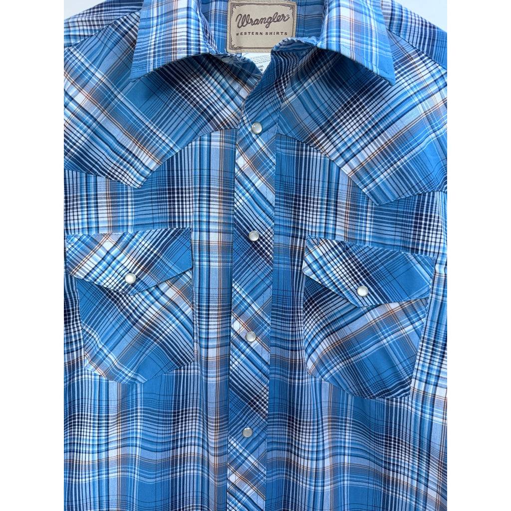 Wrangler Western Snap Button Shirt Mens Medium Blue Plaid Short Sleeve Cowboy
