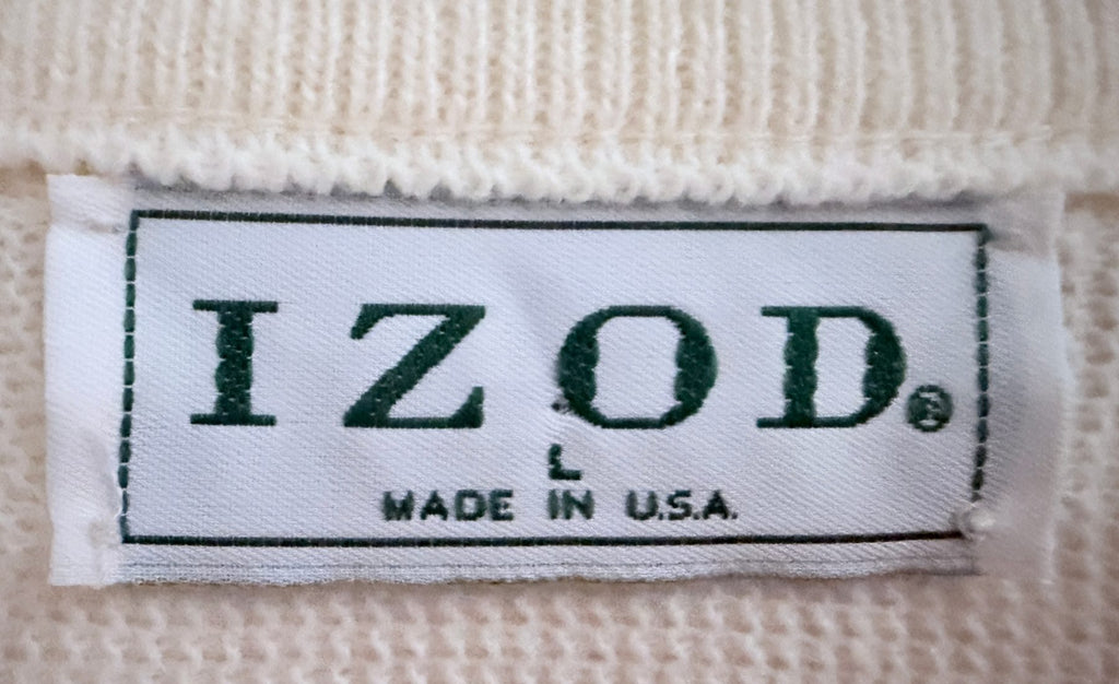 IZOD Men's White Cable-Knit Mock Neck Striped Sweater — brand label