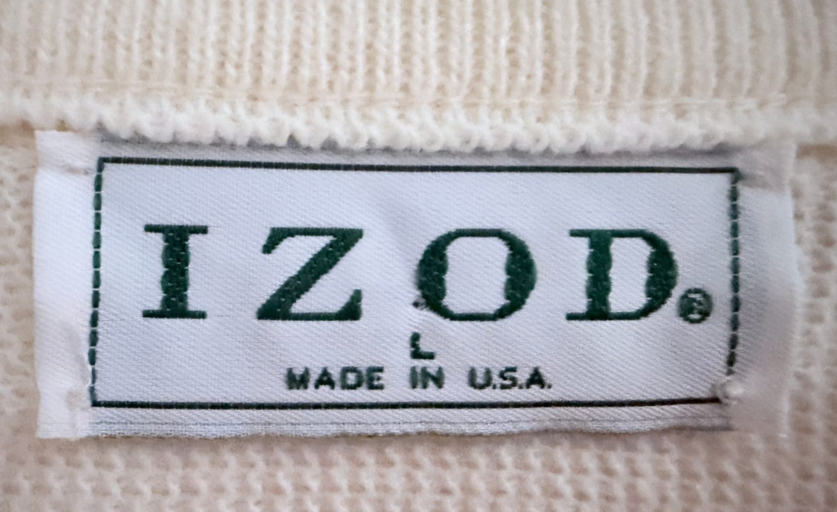 IZOD Men's White Cable-Knit Mock Neck Striped Sweater — brand label