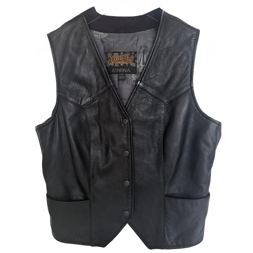 Street Steel Athena Leather Motorcycle Vest Womens Medium Black Snap Front Biker