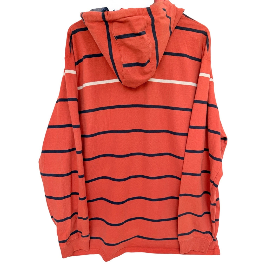 LL Bean Hoodie Mens XL Orange Striped Pullover Rugby Hooded Long Sleeve Casual