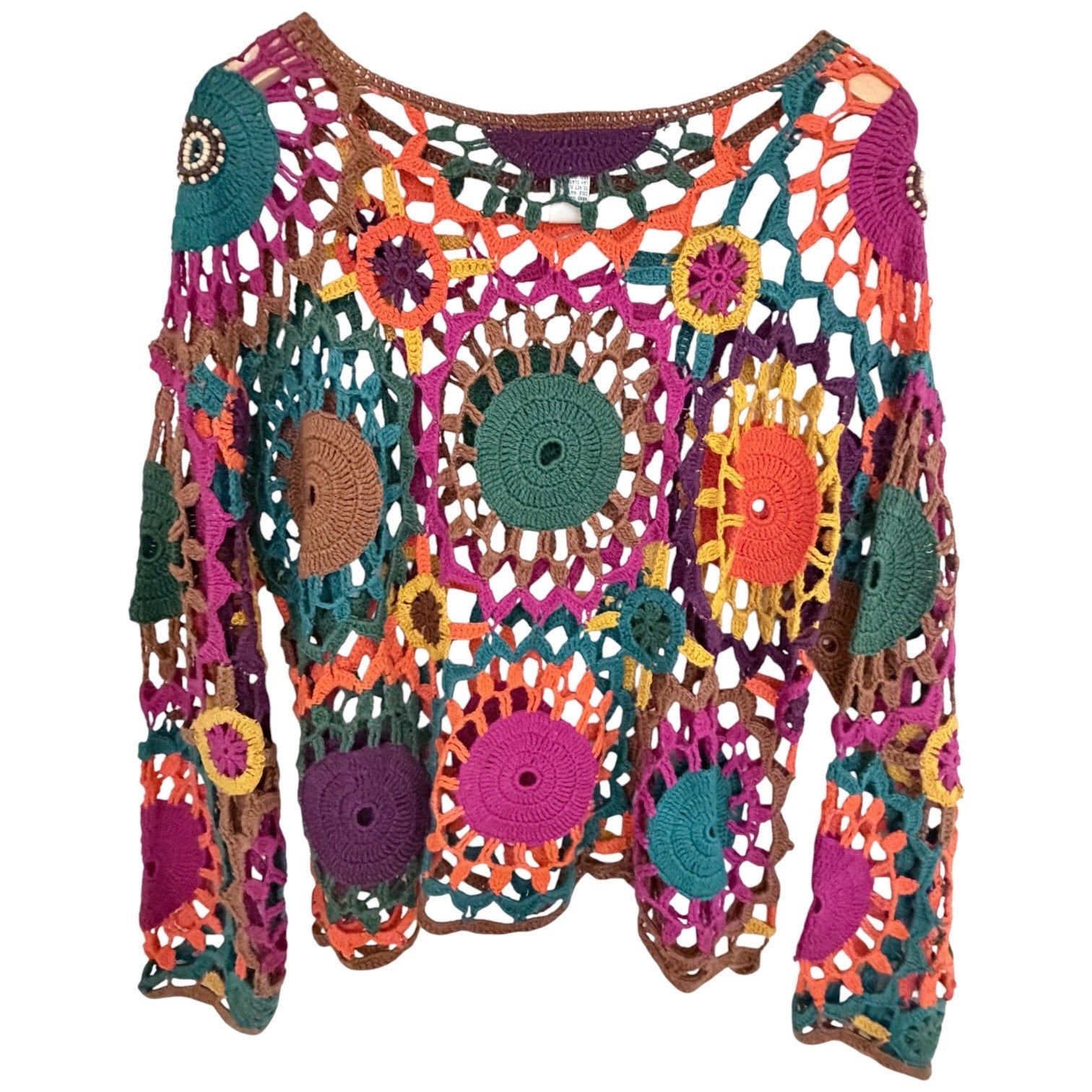 Contempo Casuals Womens OneSize Crochet Open Knit Sweater Multicolor Floral Boho