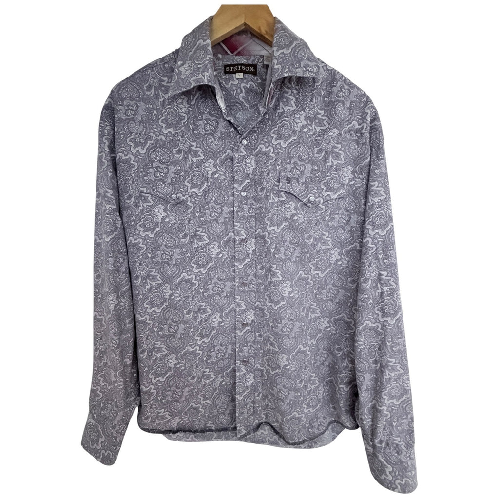 Stetson Western Paisley Snap Shirt Mens Large Gray Pearl Snap Cowboy Rodeo