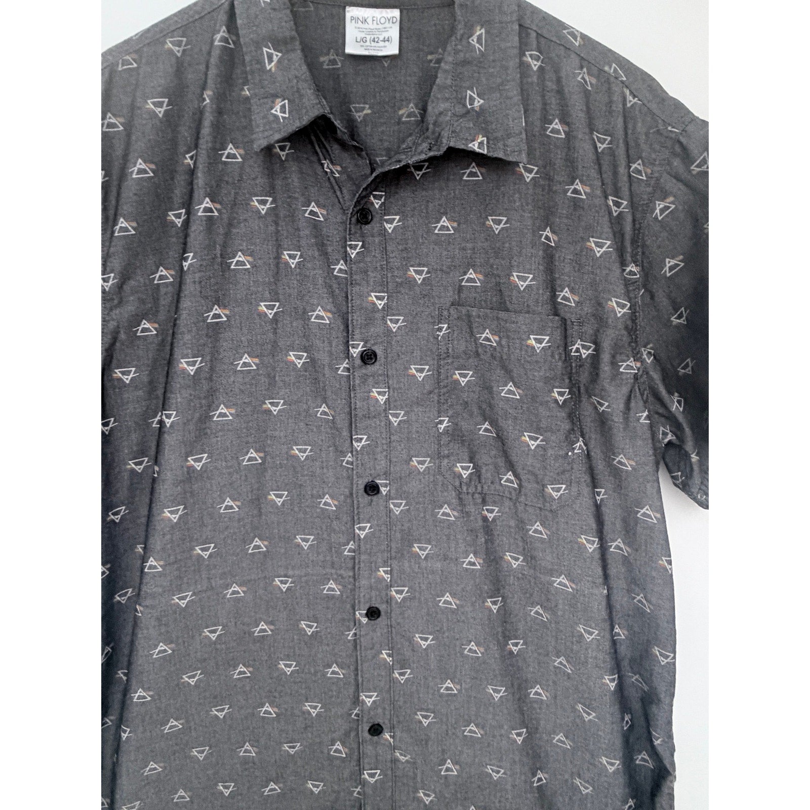 Pink Floyd Button Up Shirt Mens Large Gray Prism Graphic Short Sleeve