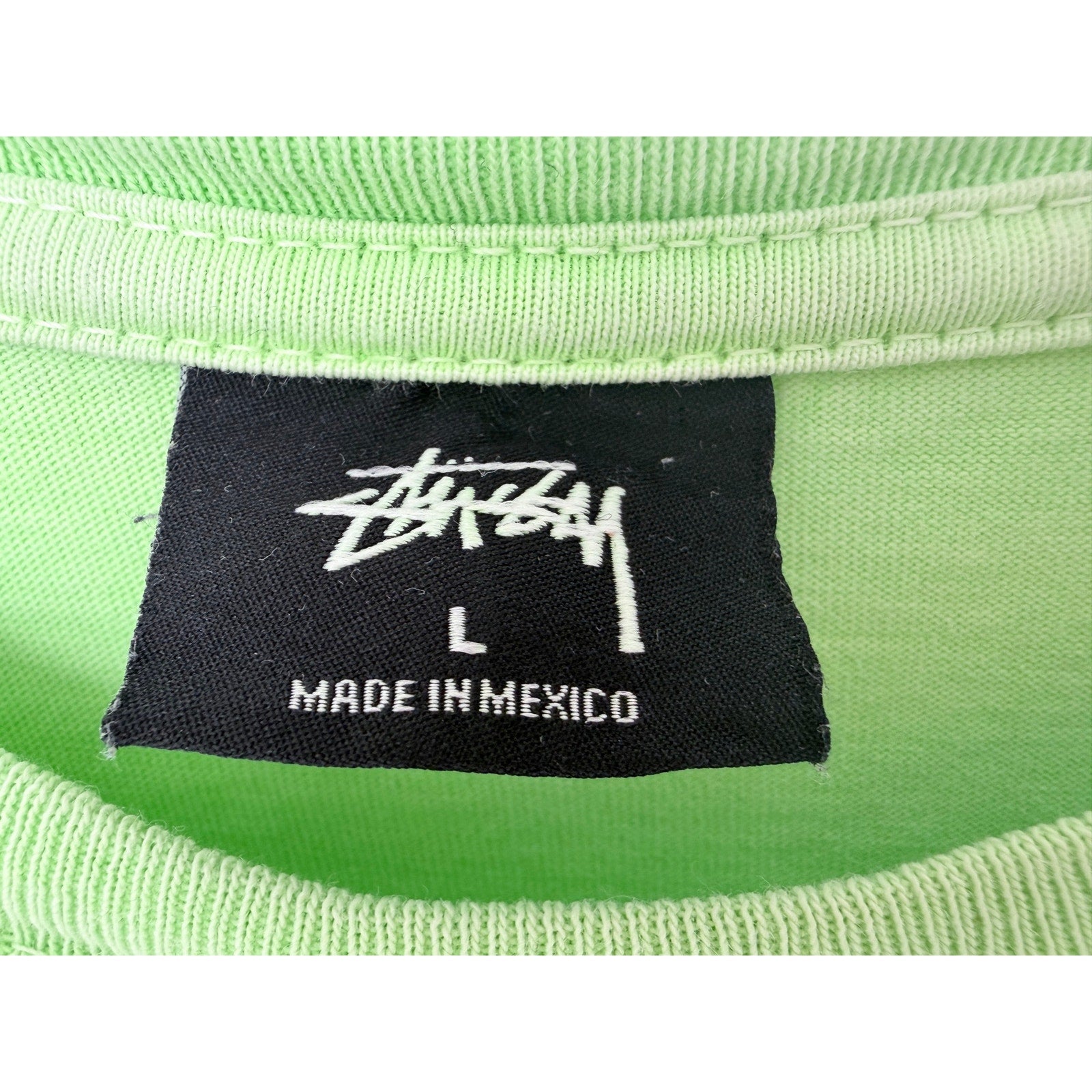 Stussy Tee Shirt Mens Large Neon Green Back Print Streetwear Made In Mexico