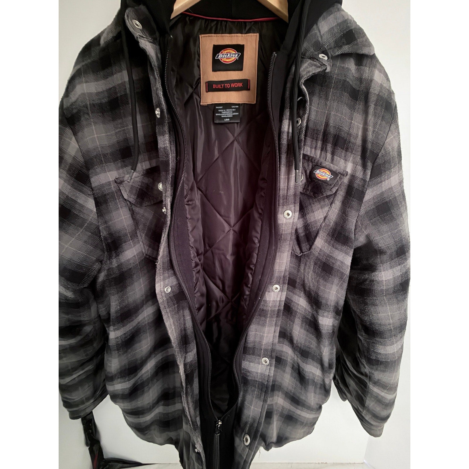 Dickies Built To Work Hooded Flannel Jacket Gray Black Plaid Mens Large