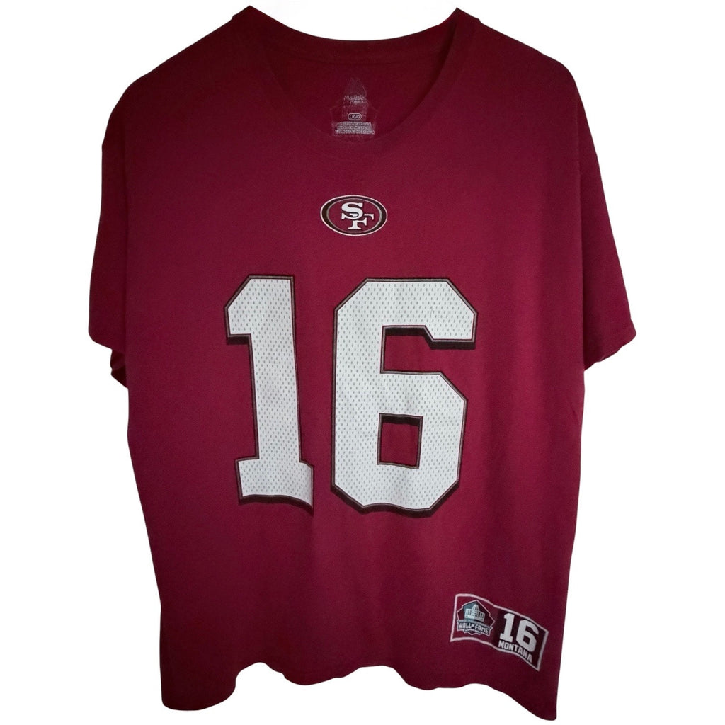 Majestic Joe Montana Hall of Fame San Francisco 49ers Graphic T Shirt Mens L Red
