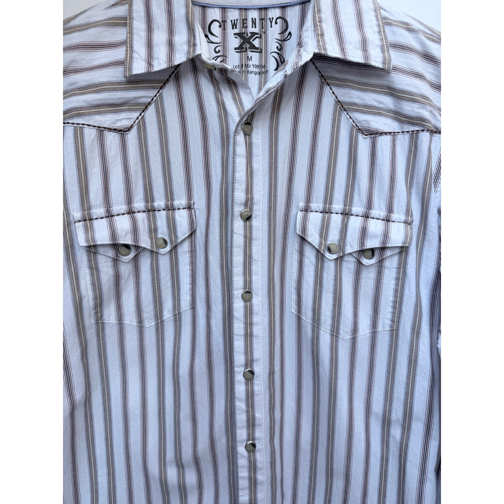Twenty X Western Shirt Mens Medium White Striped Snap Button Cowboy Pearl Snap