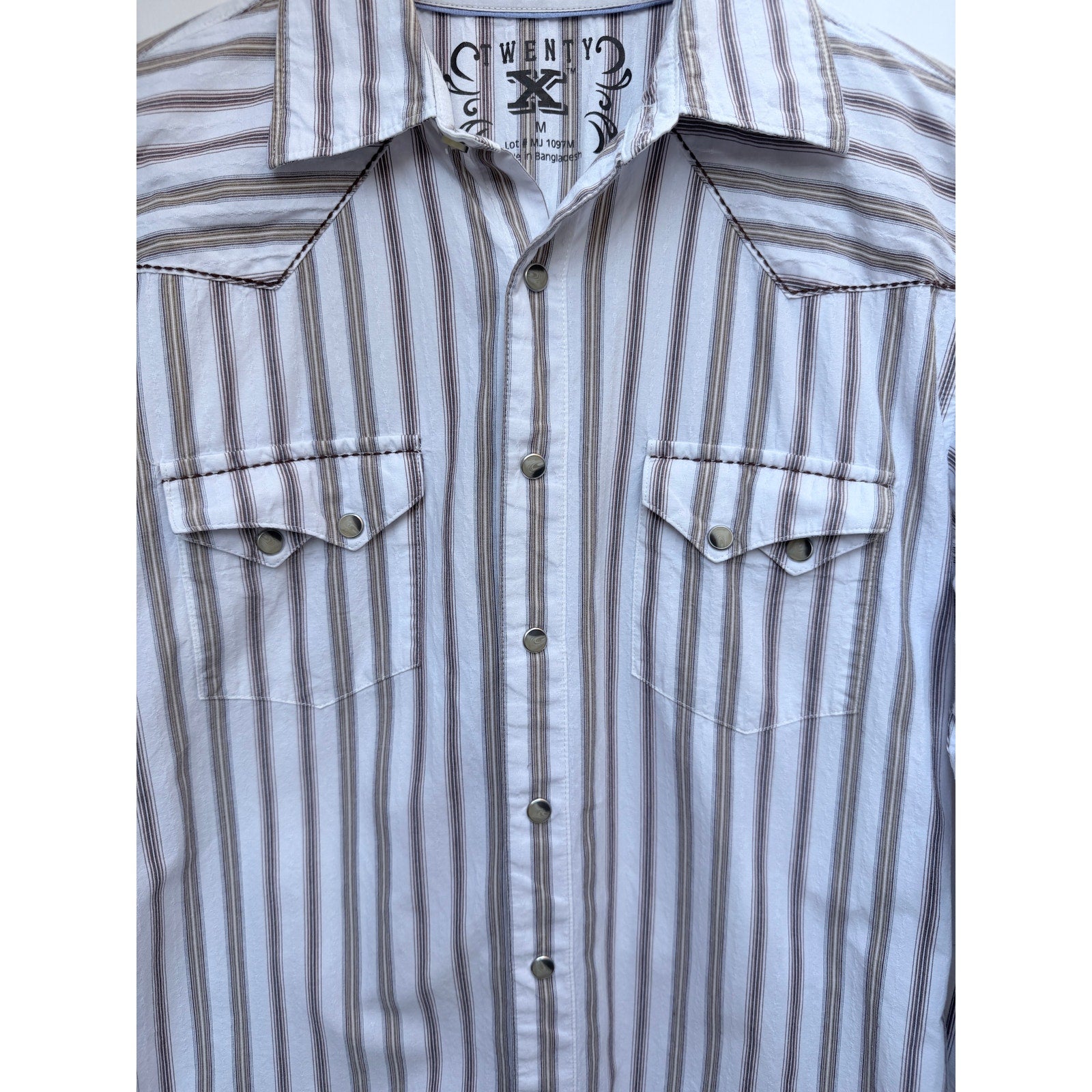 Twenty X Western Shirt Mens Medium White Striped Snap Button Cowboy Pearl Snap