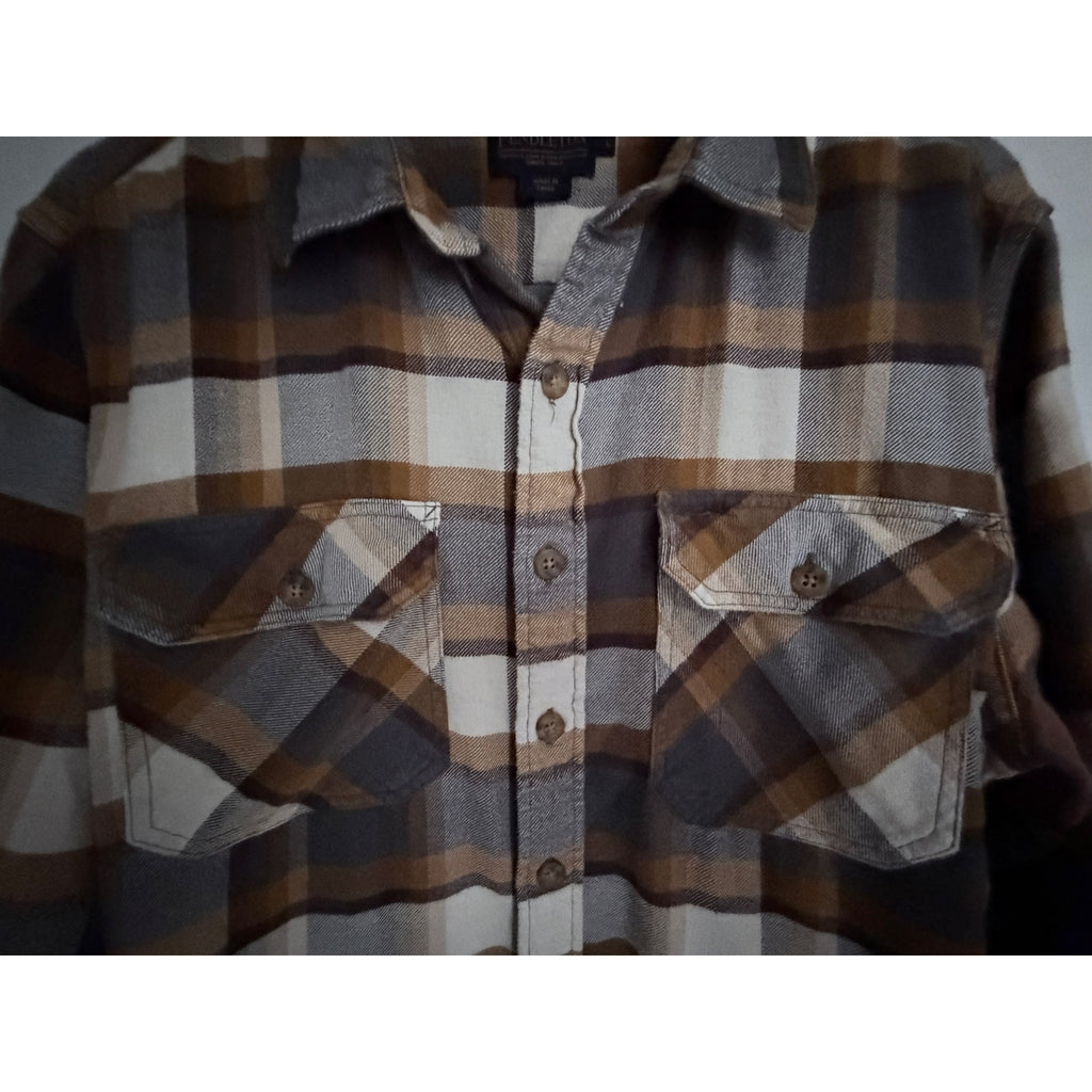 Pendleton Burnside Plaid Flannel Shirt Mens Large Brown Gray Button Up