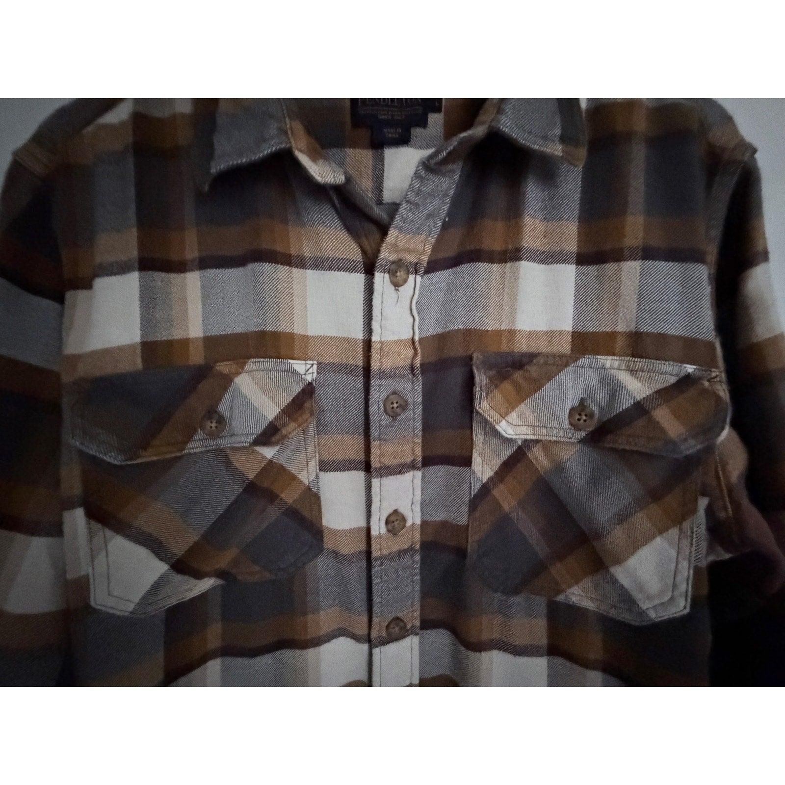 Pendleton Burnside Plaid Flannel Shirt Mens Large Brown Gray Button Up