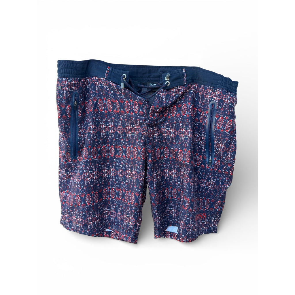HUGO BOSS Blue Swimwear Hugo Boss Navy Red Patterned Swim Trunks Medium