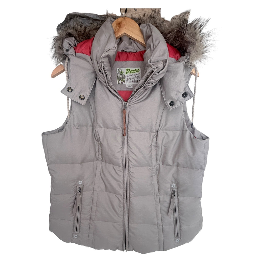 Eddie Bauer Down Puffer Vest Womens Large Gray Hooded Full Zip
