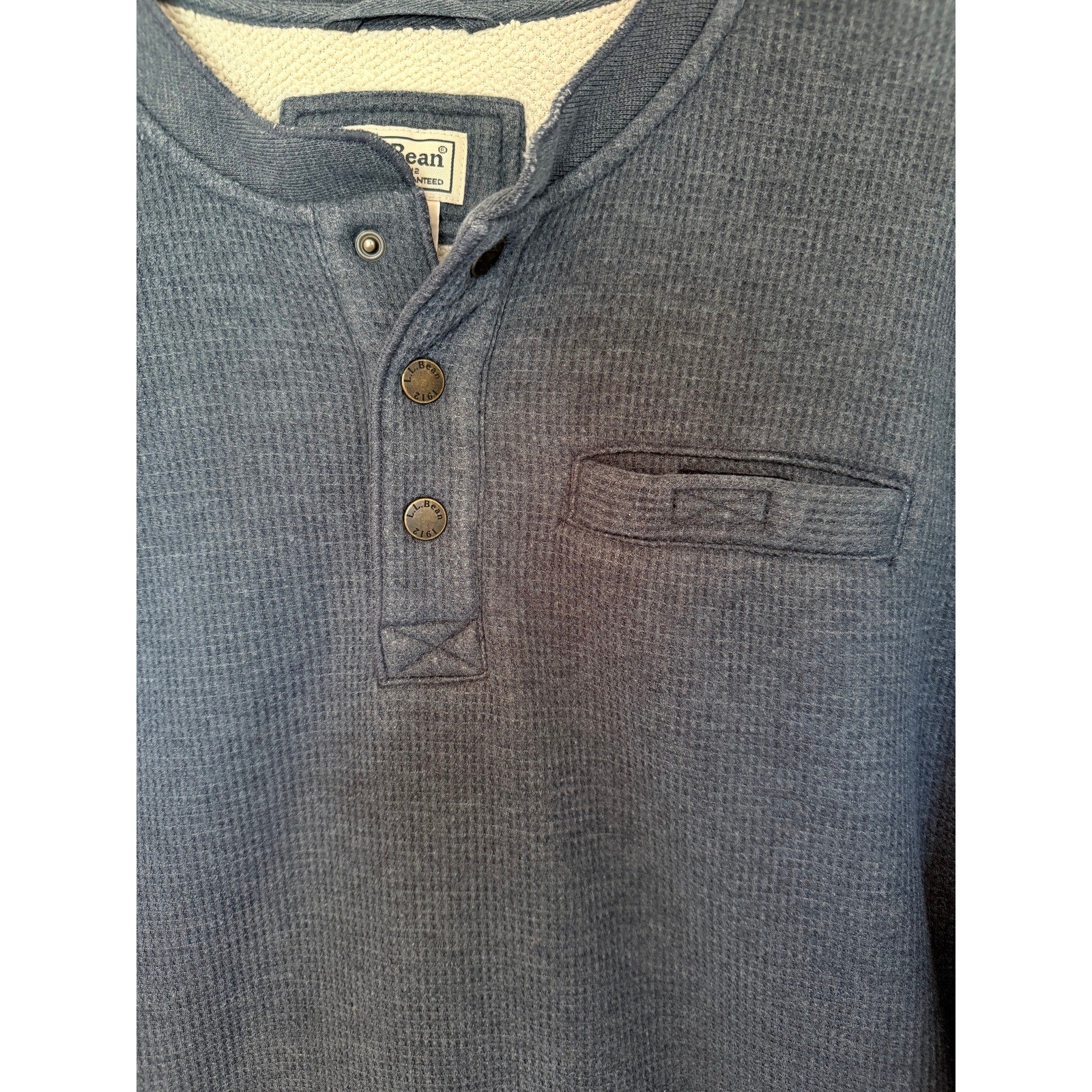 L.L. Bean Waffle Knit Henley Shirt Mens Large Blue Thermal Long Sleeve