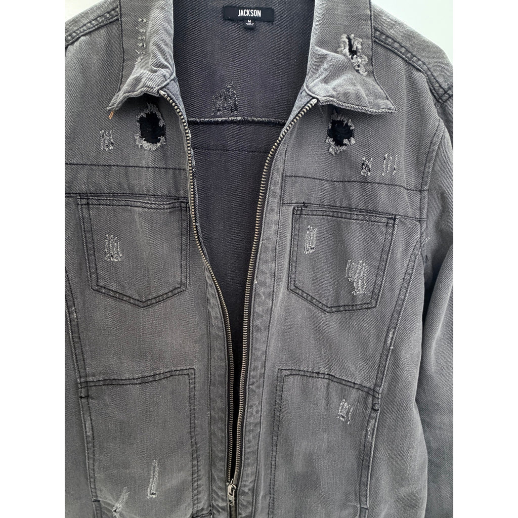 Jackson Distressed Denim Jacket Mens Medium Gray Full Zip Grunge Streetwear