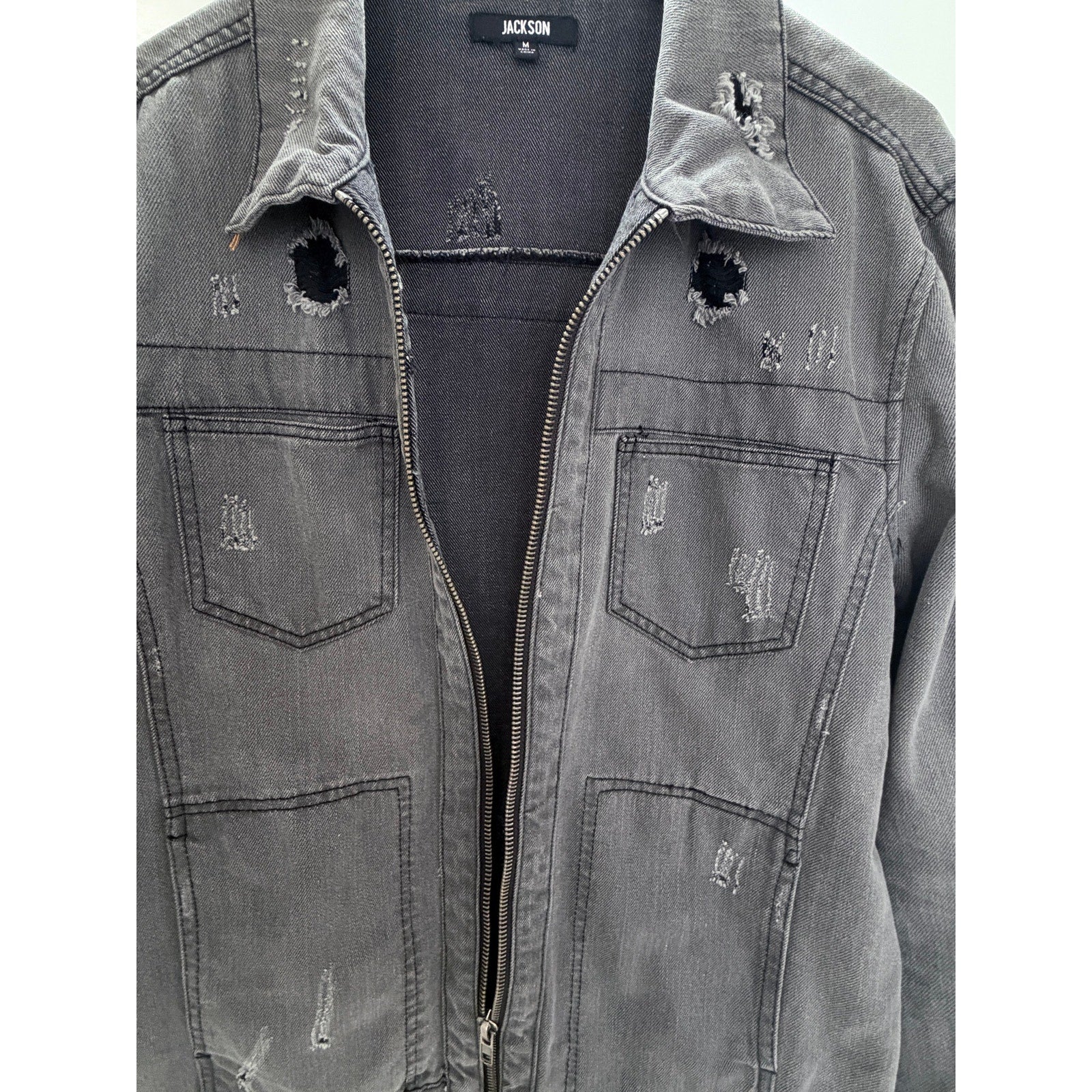 Jackson Distressed Denim Jacket Mens Medium Gray Full Zip Grunge Streetwear
