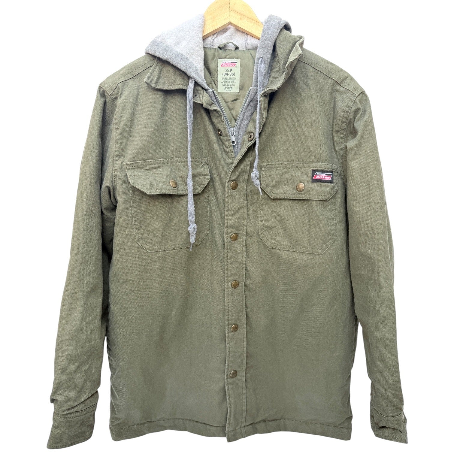 Dickies Mens Hooded Work Jacket Green Insulated Button Front