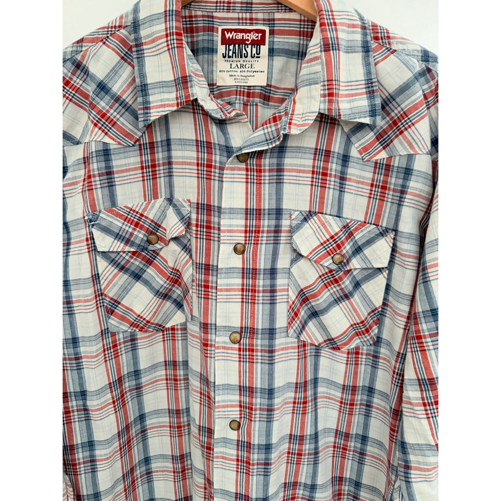 Wrangler Jeans Co Western Shirt Mens L Plaid Pearl Snap Cowboy Shirt