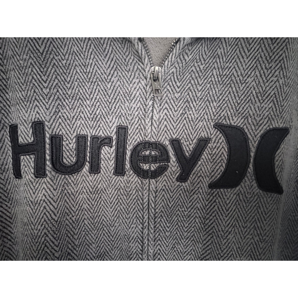 Hurley Mens Full Zip Fleece Jacket Gray Herringbone Logo Large